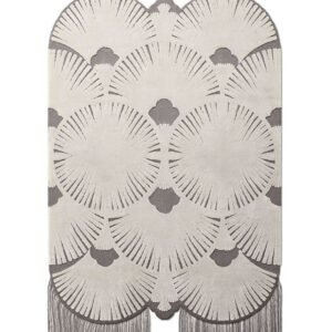 A luxurious white and grey rug with tassels.