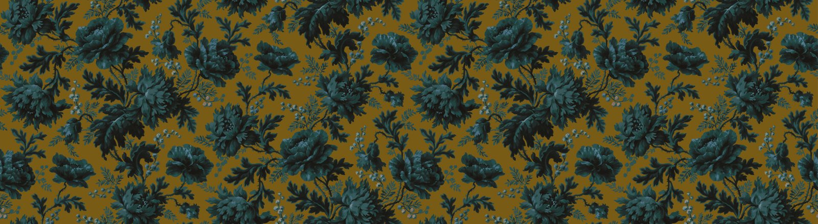 Gold and teal, vintage floral wallpaper.
