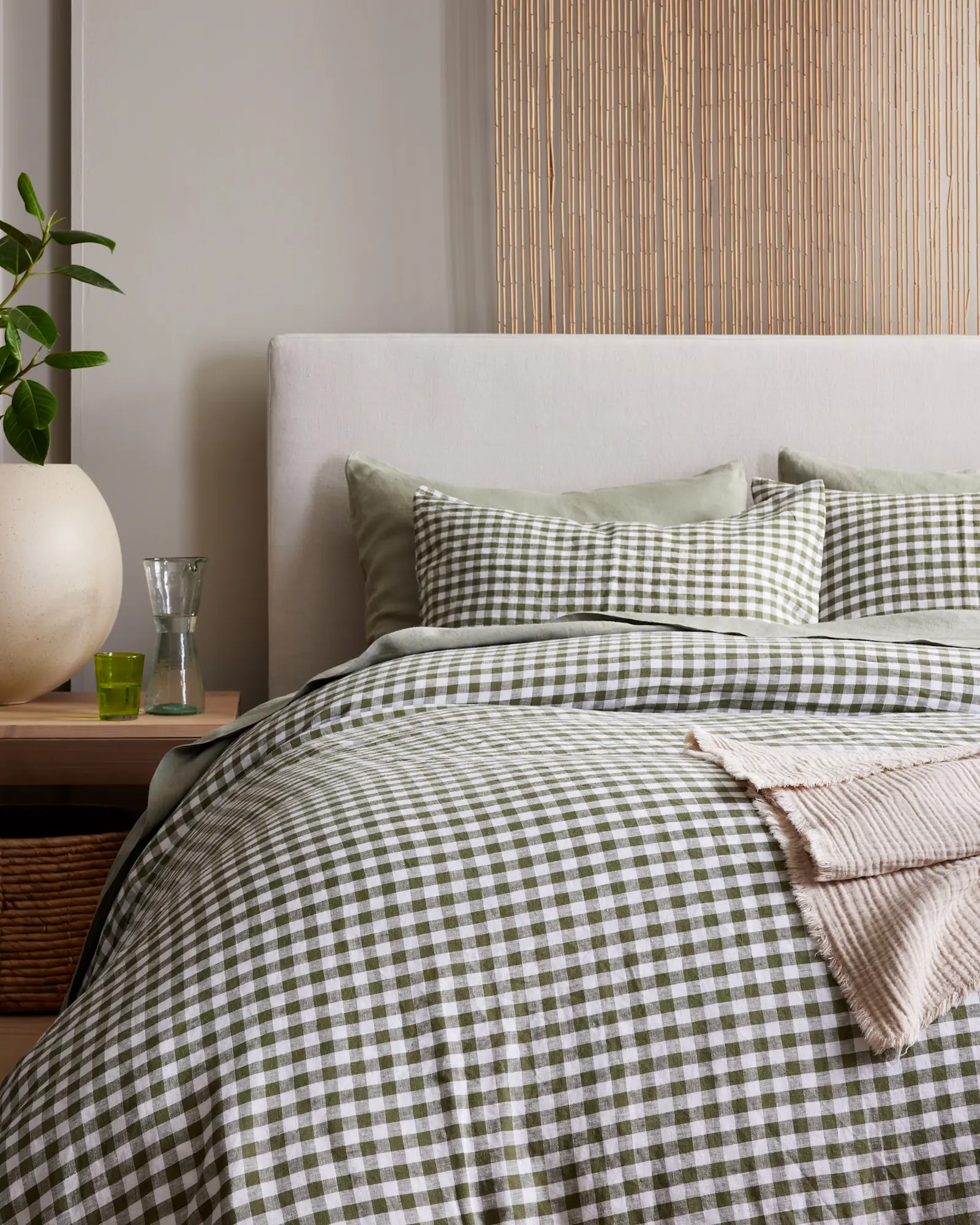 King Bedding Set Washed Cotton Green Gingham - Image 2